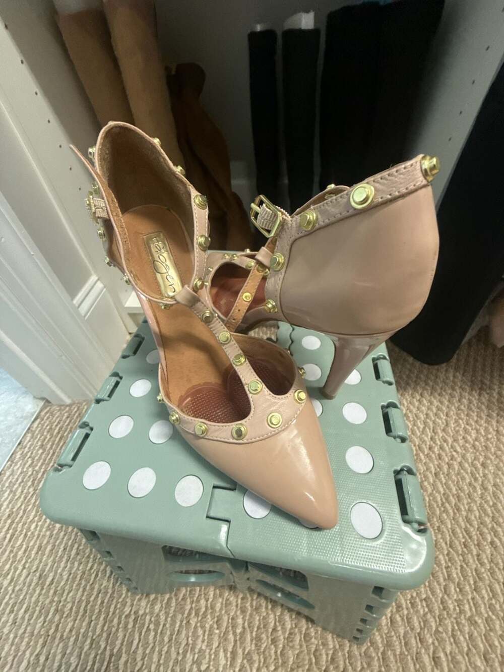 Halogen Studded T-Strap Heels Size 4.5M Nude Patent Leather Pumps